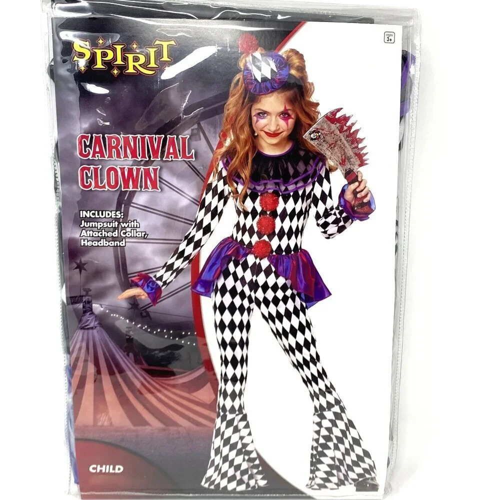 Spirit Halloween Kids Carnival Clown Costume Jumpsuit Collar Headband Hat